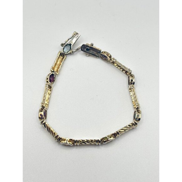 Estate TAS 925 Sterling Silver Multigem Bezel Bracelet 7" Long - Picture 4 of 8